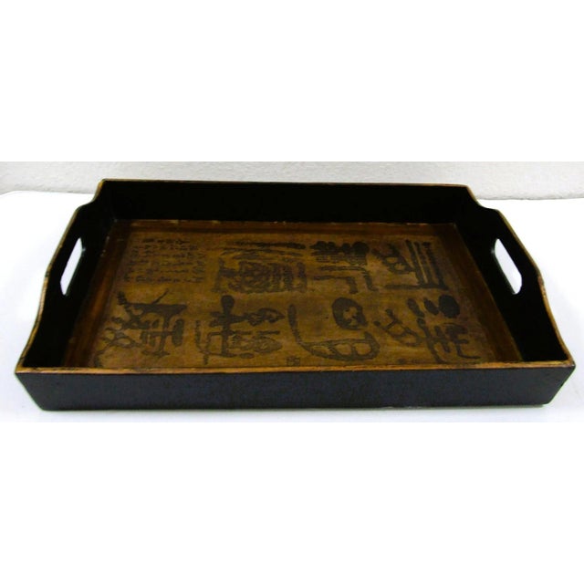 Late 19th Century Antique Japanese Kanji Calligraphy Wood Serving Tray Obon With Stamp Signature For Sale - Image 5 of 11