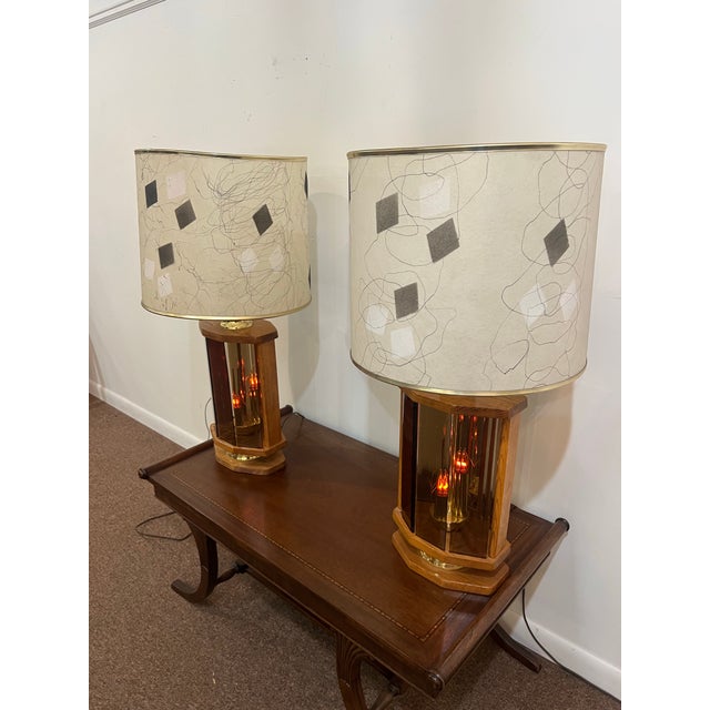1960s 1960s Mid Century Modern Amber Glass Flickering Lamp Set of Two With Shades - a Pair For Sale - Image 5 of 10