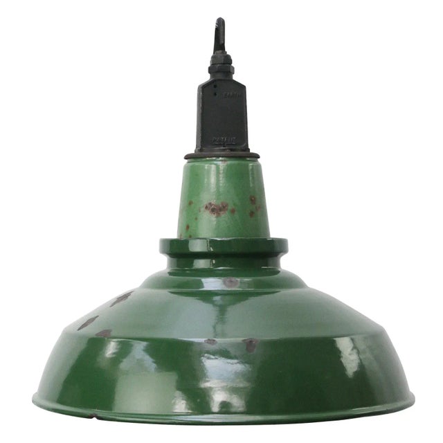 1950s Vintage British Industrial Green Enamel Pendant Light For Sale - Image 5 of 5