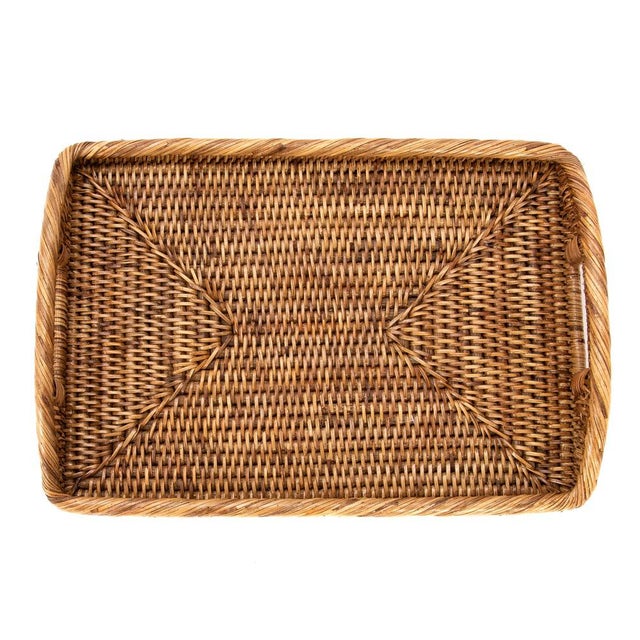 Boho Chic Artifacts Rattan Rectangular Serving Tray with High Handles in Honey Brown - 14" For Sale - Image 3 of 13