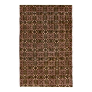 Vintage 1960s Art Deco Rug in Green, Brown, Off White Geometric Pattern For Sale