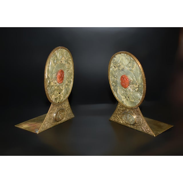 Antique Chinese Jade Red Agate Engraved Brass Bookends- a Pair For Sale - Image 10 of 12