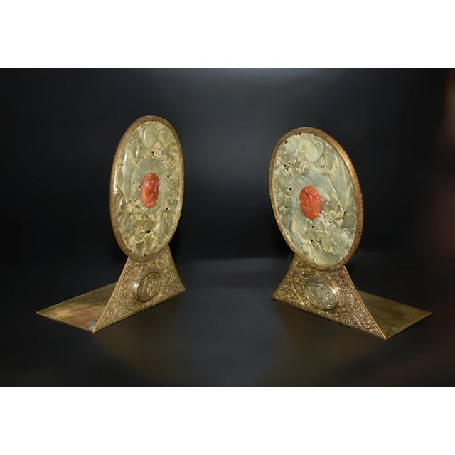 Pair Antique Chinese Serpentine Jade Red Agate Engraved Brass Bookends For Sale - Image 11 of 13
