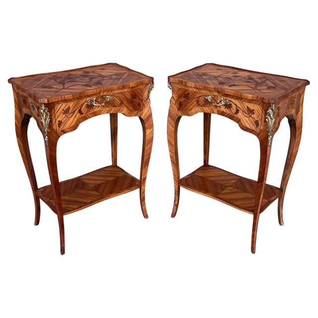 18th Century Style French Louis XV Marquetry Side Table or Nightstands, a Pair For Sale - Image 15 of 18