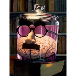 The Knower by Josh Talbott | Acrylic on Canvas Brain in a jar with glasses and a mustache. For Sale