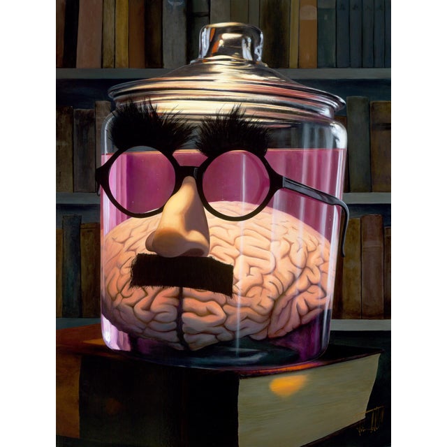 The Knower by Josh Talbott | Acrylic on Canvas Brain in a jar with glasses and a mustache. For Sale