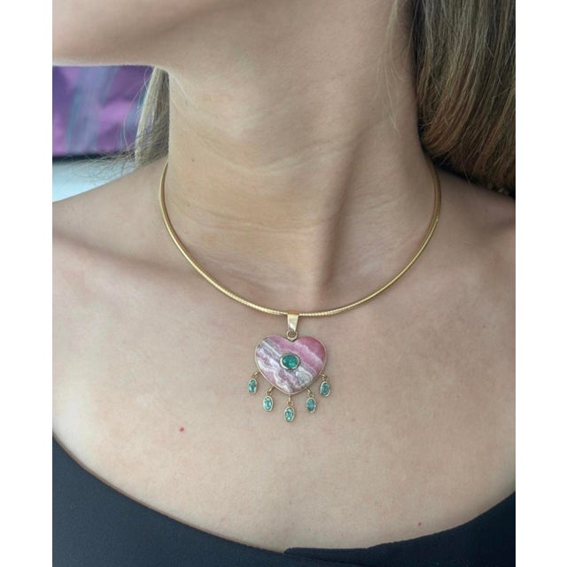 Large Rhodochrosite Heart Pendant With Emeralds & 14k Gold For Sale - Image 11 of 14