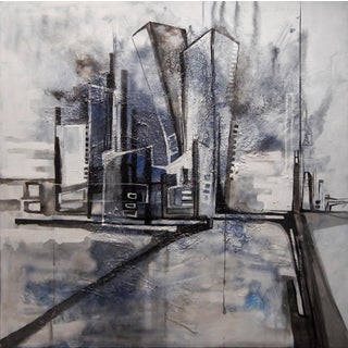 City Static by Jennifer Bobola | Mixed media Abstract cityscape with tall buildings and reflections. For Sale