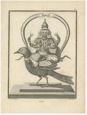Engraving of Sani, Hindu Deity on Raven, 1806, Print