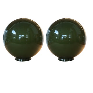 Green Glass Globes Pendant Lights - A Pair For Sale