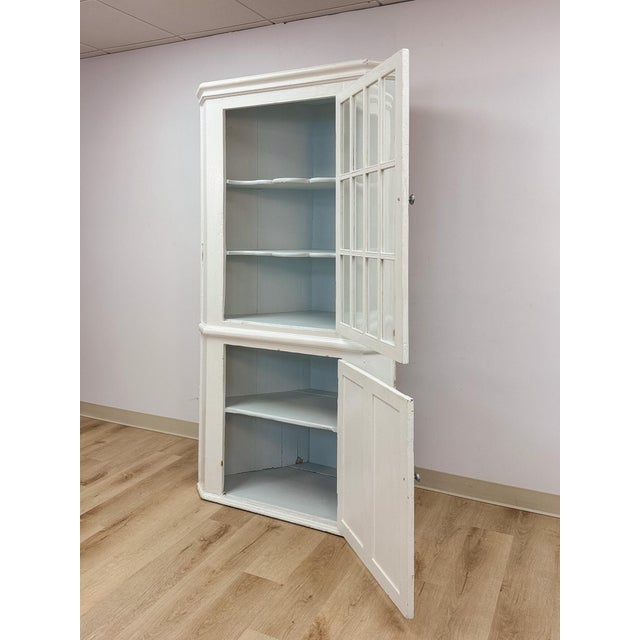 White Antique Painted White Corner China Cabinet Pane Glass Door 1800s Display Cabinet For Sale - Image 8 of 18