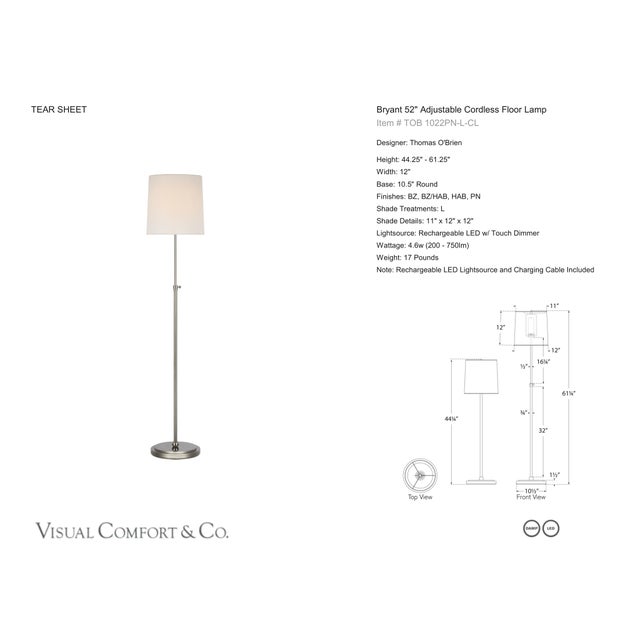 Thomas O'Brien by Visual Comfort Signature Bryant 52" Adjustable Cordless Floor Lamp in Polished Nickel with Linen Shade...