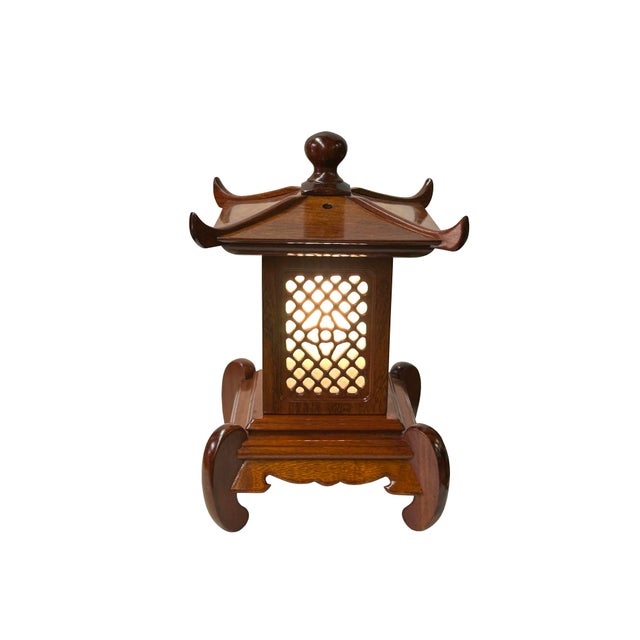 Wood Oriental Medium Brown Wood Square Tower Pagoda Shape Table Lamp For Sale - Image 7 of 10