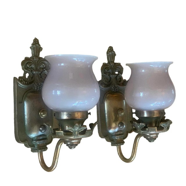 Metal Pair of Cast Bronze Leaves and Berries Sconces With Frosted Glass Shades Circa 1910 For Sale - Image 7 of 7