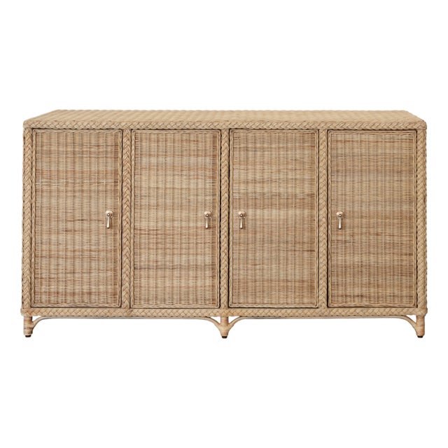 Matthew Izzo Home Evander Wrapped Rattan Four Door Buffet With Satin Brass Door Pulls For Sale