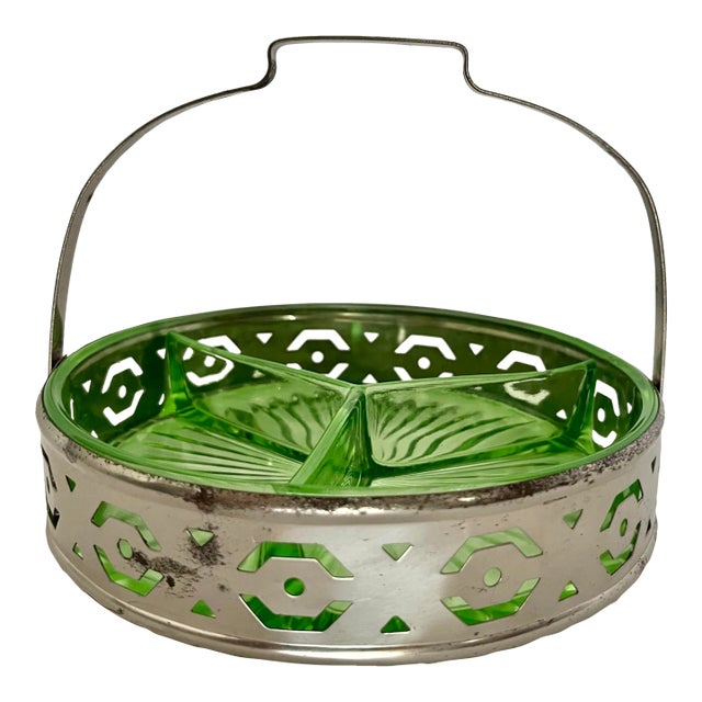 Vintage Green Depression Glass Silver Relish Tray For Sale