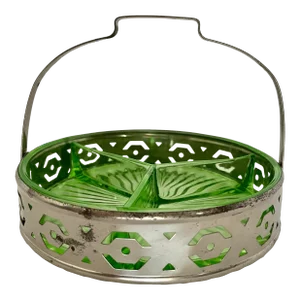 Vintage Green Depression Glass Silver Relish Tray