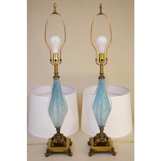 1960s Large Barovier Toso Murano Italy Thick Aqua Swirl Art Glass Ornate Brass Table Lamps - a Pair For Sale - Image 11 of 11