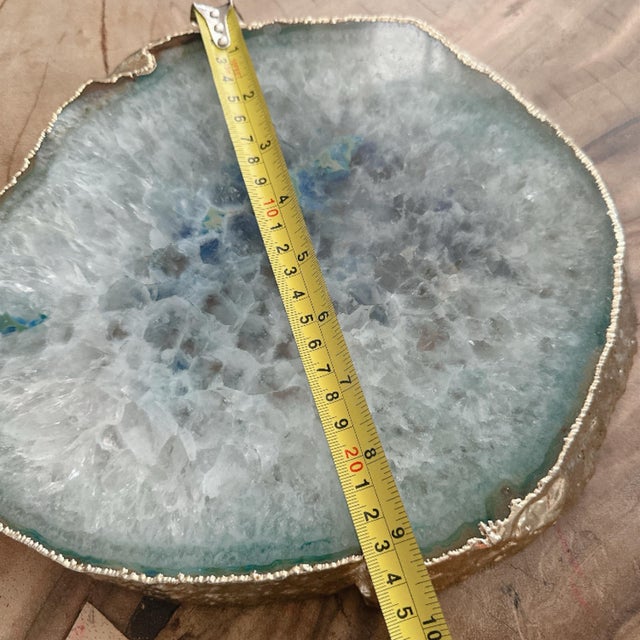 Large Blue Agate Geode Slice 11” Natural Crystal Slab Gold Edge For Sale In Los Angeles - Image 6 of 12