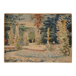 "San Anton Palace Malta" Early 20th Cent. Garden and Fountain Watercolor by Nicholas Krasnoff For Sale
