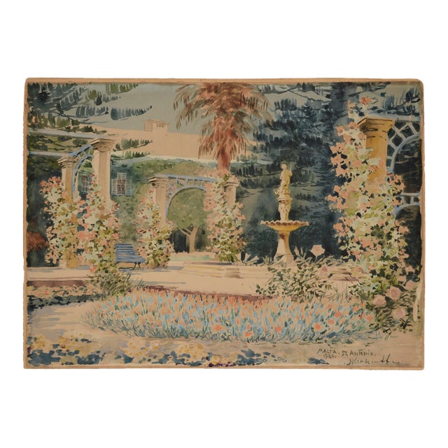 "San Anton Palace Malta" Early 20th Cent. Garden and Fountain Watercolor by Nicholas Krasnoff For Sale
