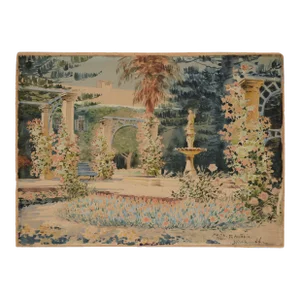 "San Anton Palace Malta" Early 20th Cent. Garden and Fountain Watercolor by Nicholas Krasnoff