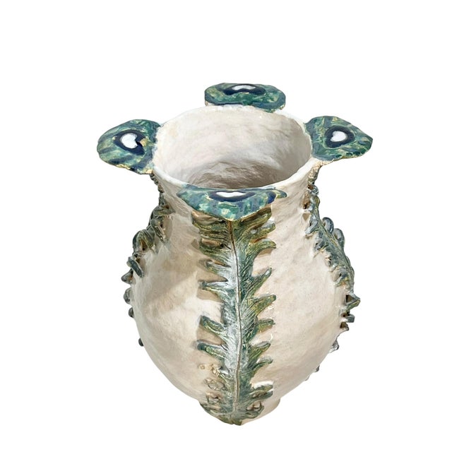 Contemporary Vintage Italian Earthenware Vase With Stylized Peacock Feather Design For Sale - Image 3 of 15