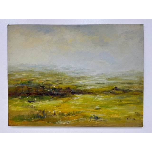 A calm and atmospheric original oil painting on canvas capturing the quiet beauty of a wide open landscape beneath a misty...