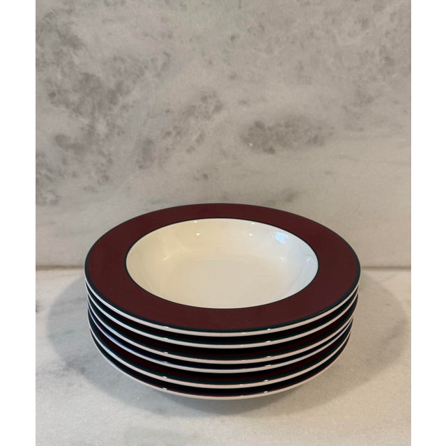 Set of 6 vintage burgundy maroon and cream soup bowls with teal blue green trim made in Italy by Pagnossin Treviso. The...