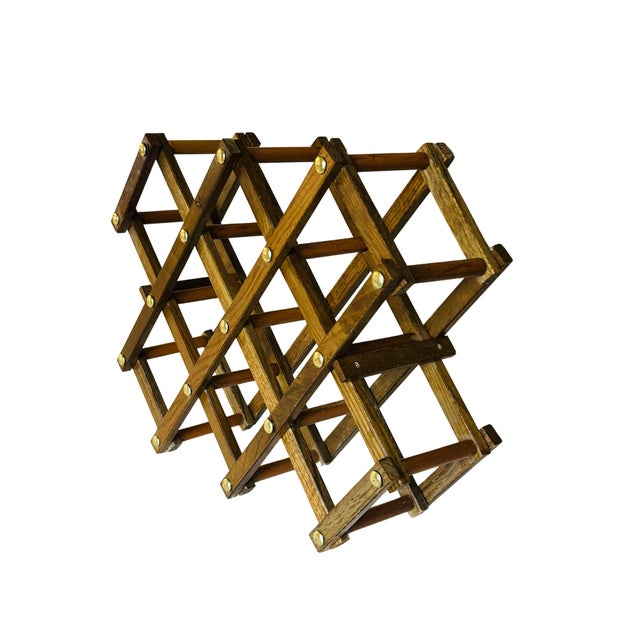 Mid-Century Modern Folding Wooden Wine Rack – Vintage Accordion Expandable Wine Holder with Brass Rivet Accents,...