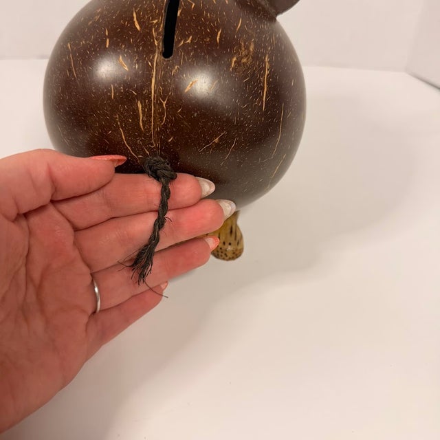 Handmade Coconut Shell Piggy Bank Carved Wood Rustic Tropical Folk Art Decor Pig Folk Art For Sale - Image 6 of 11