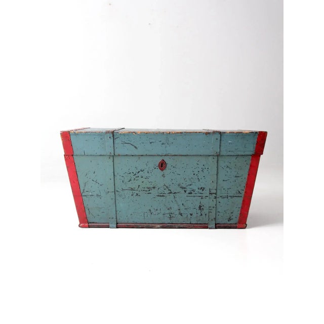 Antique Blue Hand-Painted Wood Trunk For Sale - Image 13 of 13