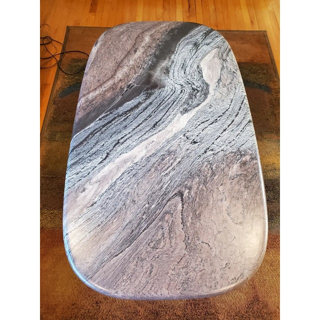 Vintage 1960s Swedish Mid-Century Modern Marble and Teak Coffee Table by Bendixen – Oval Swirl Marble Top With Sculptural Fluted Pedestals For Sale - Image 9 of 10