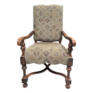 Early 20th Century Louis XIII-Style High-Back Wood Armchair With Tapestry Upholstery For Sale