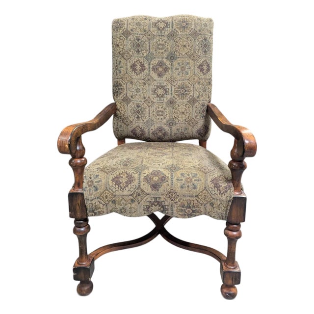 Early 20th Century Louis XIII-Style High-Back Wood Armchair With Tapestry Upholstery For Sale