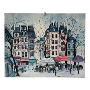 1980's Large Vintage Scirea Modernist Parisian Street Scene, Acrylic on Canvas Painting