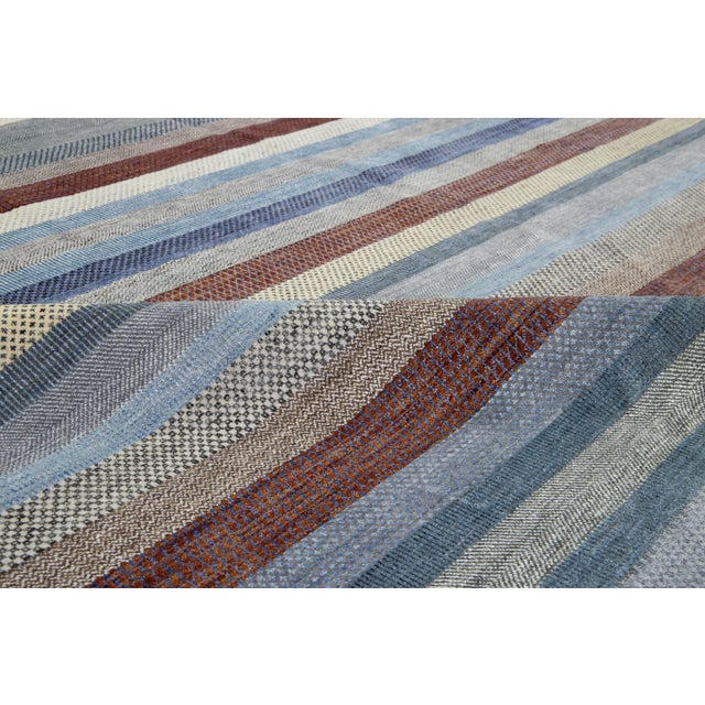 Gray Striped Designed Modern Savannah Handmade Wool Rug in Gray For Sale - Image 8 of 12