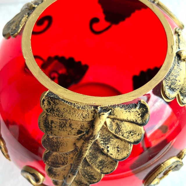 1970s Fifth Ave Crystal Ltd. Red Tealight Candle Potpourri Bowl Vase With Gold Leaves For Sale - Image 10 of 12