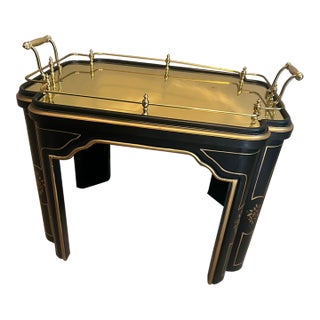 1970s Attributed to Drexel Heritage "Et Cetera" Chinoiserie Black Lacquer & Mirror Brass Tea Table For Sale