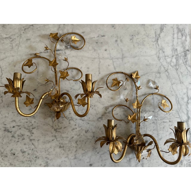 Florentine Gilt Wall Sconces with Glass Ivy Leaves, 1970s, Set of 2 For Sale - Image 16 of 16