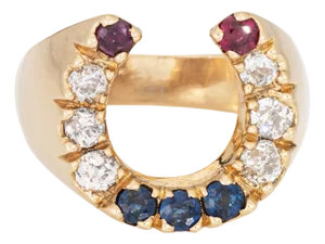 1970s Vintage Diamond Horseshoe Ring Size 9 14k Gold Gemstone Band Good Luck Jewelry