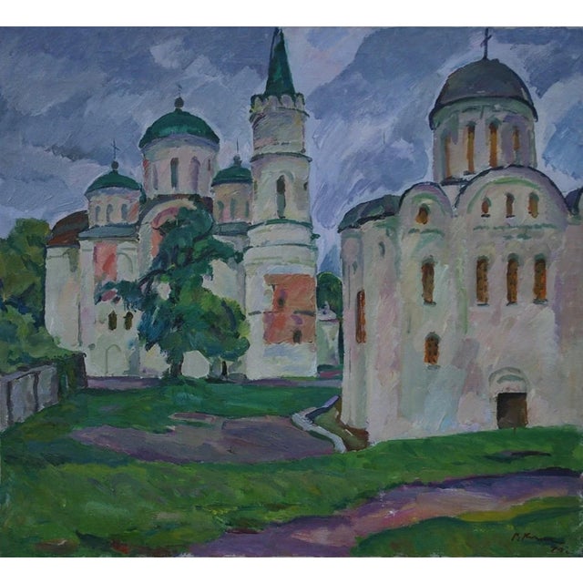 Antique Orthodox Church Oil Painting, Ukrainian Landscape Art 95-105 For Sale
