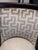 Pair of Custom Dark Wood Scroll Arm Accent Chairs – Greek Key Upholstery For Sale - Image 9 of 9
