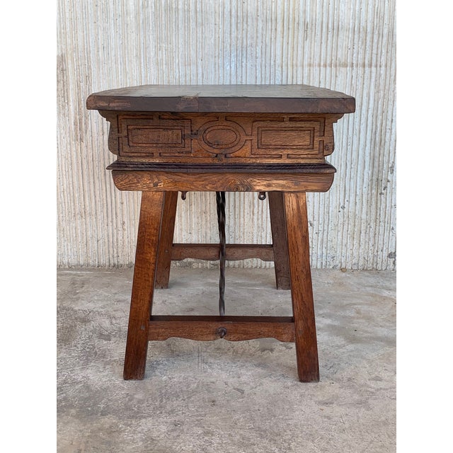 Wood Spanish 1880s Walnut Side Table or Lady Desk, Carved Legs and Iron Stretcher For Sale - Image 7 of 13