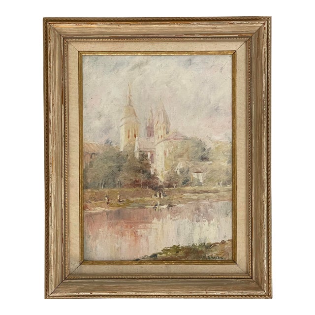 Early 20th Century River Scene With Church by Hobart Jacobs For Sale