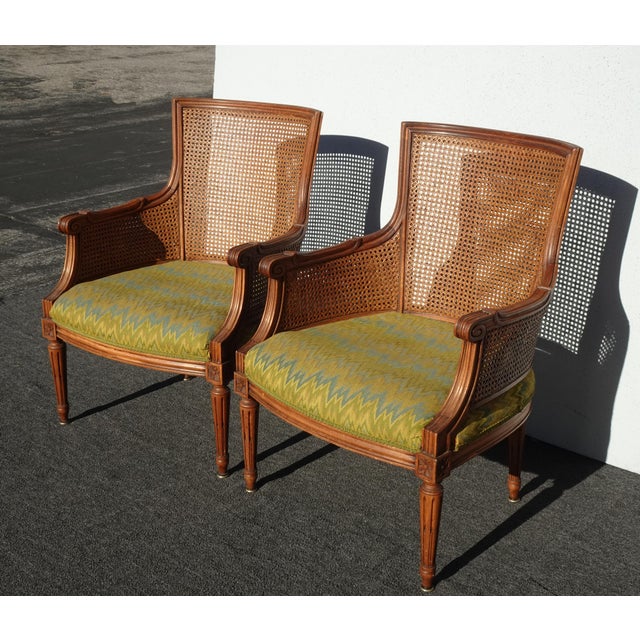 French Pair of Vintage French Louis XVI Cane Bergere Green Arm Chairs For Sale - Image 3 of 12