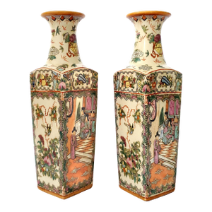 Vases - Pair Antique Rose Medallion Chinese Vases