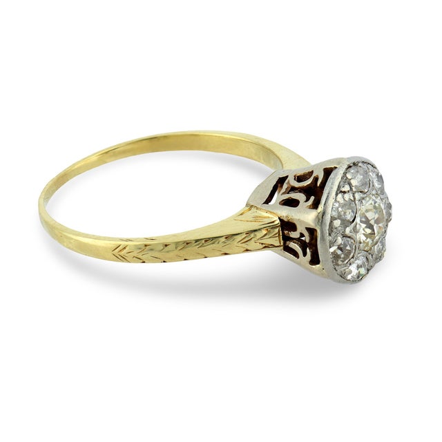 1910s Edwardian Old European Cut Diamond 14k Two Tone Gold Cluster Ring, Size 5.75 For Sale - Image 4 of 6