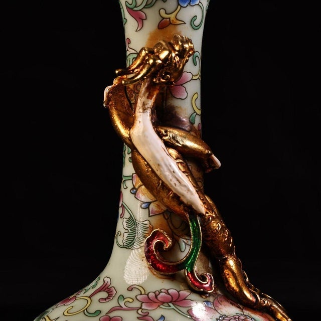 Pair of Vintage Chinese Famille Rose Porcelain Vases, Applied Gilded Dragon Sculpture & Gemstone Inlaid Filigree Base, Chinoiserie Matching Vase Set For Sale - Image 4 of 9
