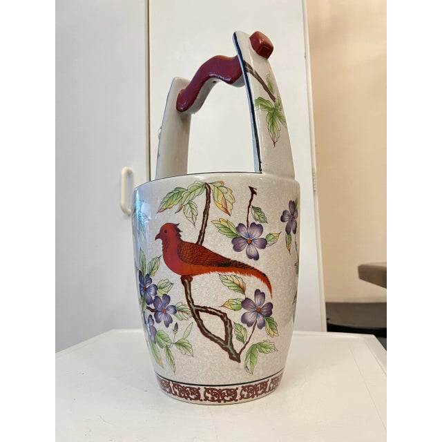 Vintage Floral & Bird Ceramic Water Bucket Vase/Planter For Sale In West Palm - Image 6 of 12
